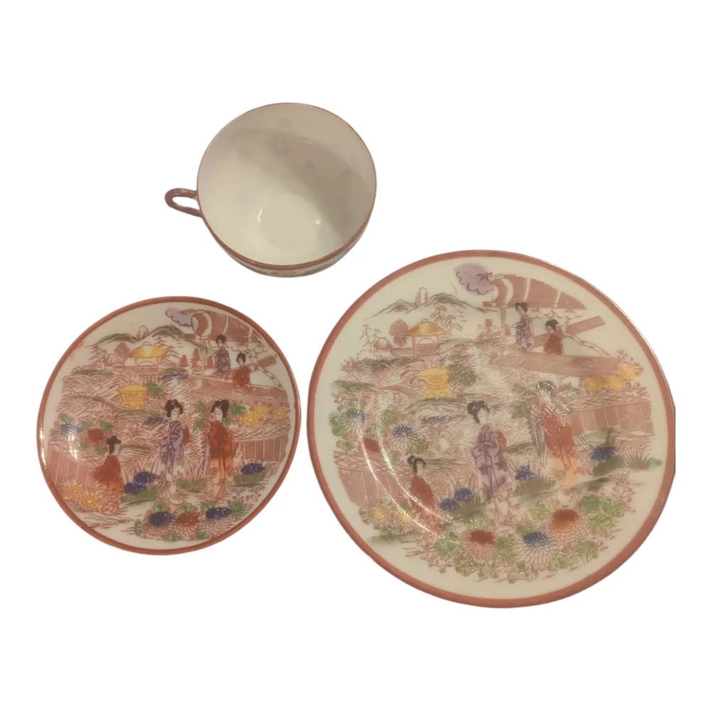 VTG King Paeying Geishas Japanese Garden Porcelain Teacup Saucer & Dessert Plate
